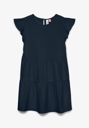 Marineblaues, kurzärmeliges Stufenkleid mit rundem Ausschnitt und Schlüsselknopfverschluss hinten.