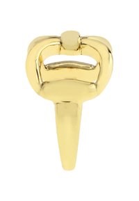 Gouden gesp met een ronde bovenkant en een ontwerp met een enkele lus, met een gladde, glanzende textuur en een puntige haakbevestiging.