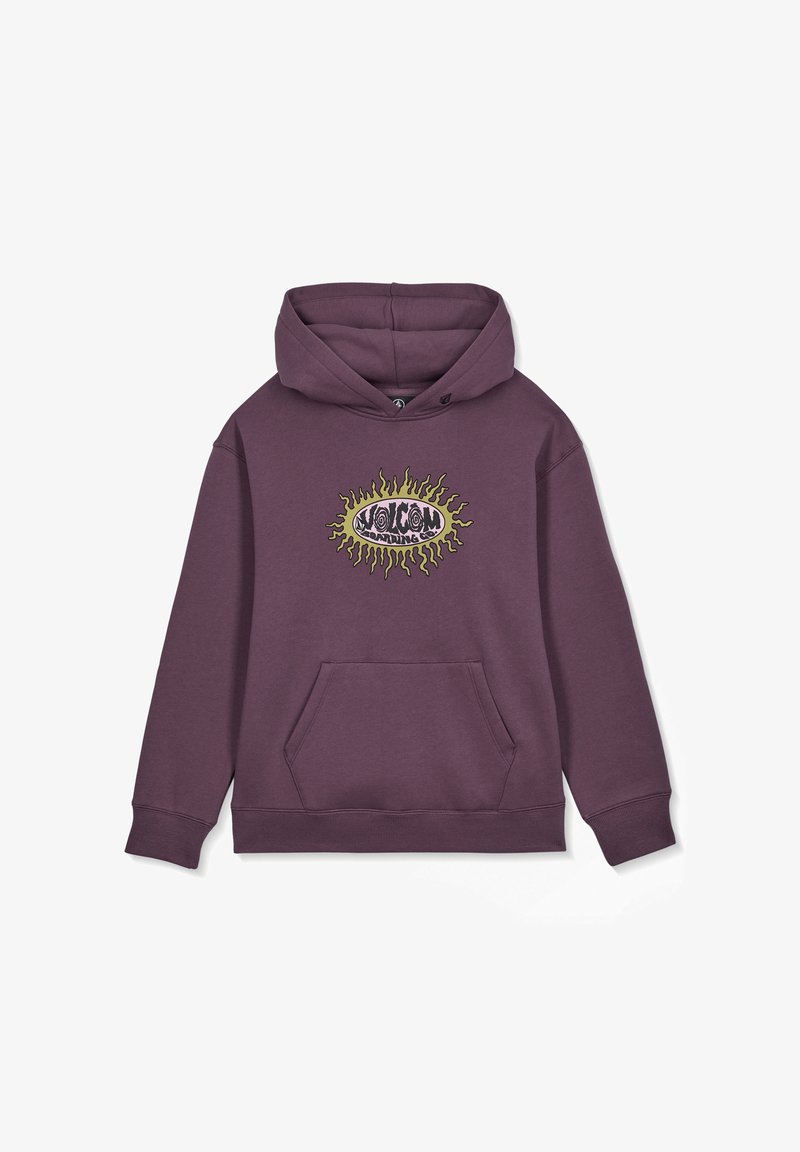 Sweat à capuche violet avec poche avant, décoré d'un graphisme de soleil vert et rose et d'un texte stylisé indiquant "Volcom Boarding Co."