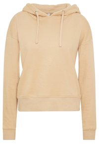 Beige hoodie sweatshirt gemaakt van zacht materiaal; oversized ontwerp; heeft trekkoorden en ribbels aan de mouwen en onderrand.