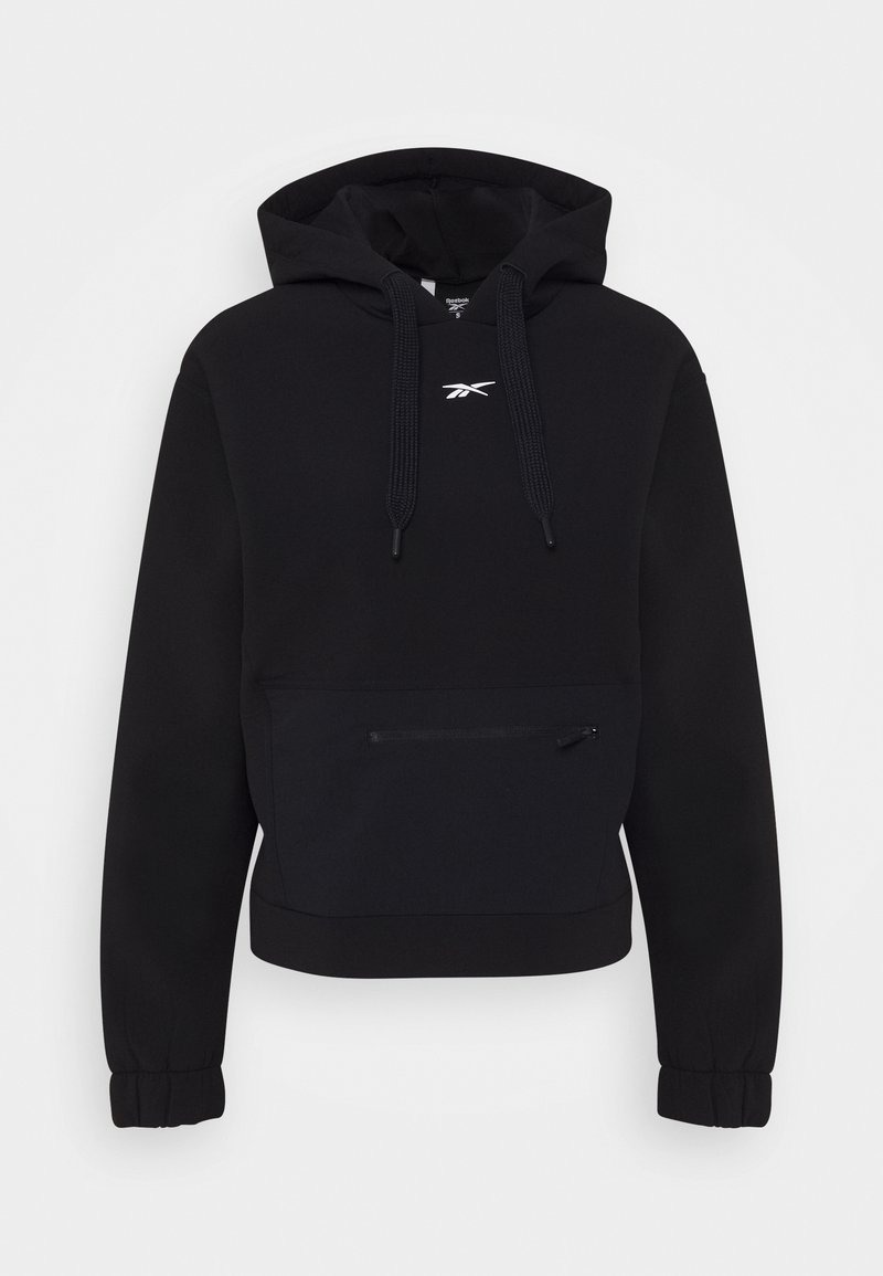 Sweat à capuche noir Reebok avec poche zippée à l'avant, capuche avec cordon de serrage, poignets élastiques et logo blanc sur la poitrine.