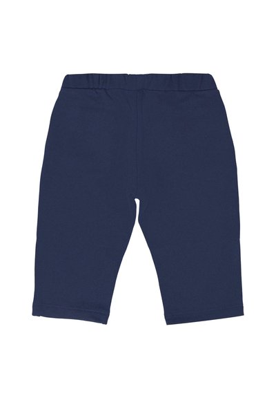 Navy stretch katoenen leggings, halverwege de kuit, met een elastische tailleband, gladde textuur zonder zichtbare patronen of accenten.