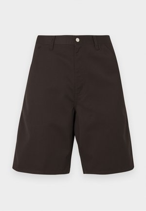 Dark brown shorts made from smooth fabric. Features front pockets, belt loops, and a flat front. Straight cut with a knee-length design.