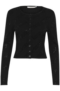 Black ribbed cardigan with a cropped design, featuring a button closure, long sleeves, and a pattern of subtle, glossy accents throughout.