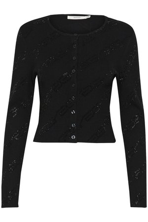 Black ribbed cardigan with a cropped design, featuring a button closure, long sleeves, and a pattern of subtle, glossy accents throughout.