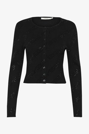 Cardigan nero a costine con design cropped, dotato di chiusura a bottoni, maniche lunghe e un motivo di sottili accenti lucidi in tutto il capo.