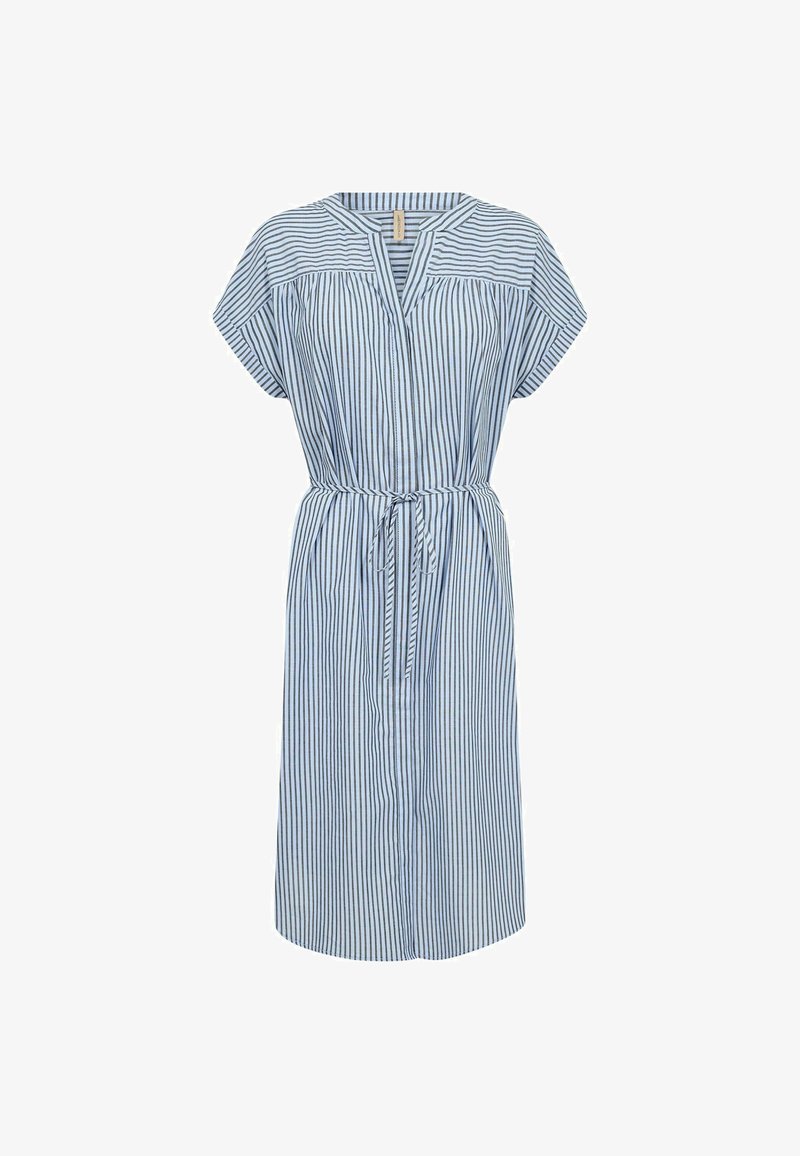 Robe midi à rayures verticales bleu et blanc, manches courtes, col en V, avec ceinture à nouer à la taille.