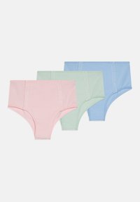 Drie paar hipster-stijl ondergoed in pastelroze, groen en blauw, gemaakt van zachte katoen met elastische taillebanden en stikseldetails.