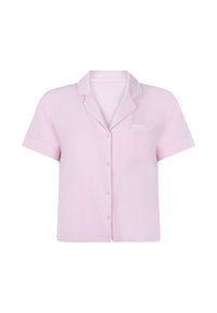 Kortebloesem, roze pyjamashirt van zachte stof. Heeft een geknofte kraag, knoopsluiting en een enkele borstzak.