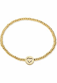 Gul pärlarmband med kulformade pärlor och en rund berlock med ett hjärtformad utskärning i mitten.