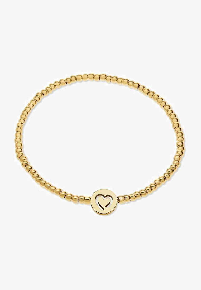 Gul pärlarmband med kulformade pärlor och en rund berlock med ett hjärtformad utskärning i mitten.