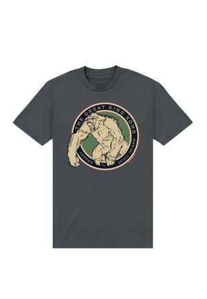 Mørkegrå t-shirt med en brølende King Kong-grafik inden for en cirkulær emblem med teksten "The Great King Kong Legend of Skull Island."