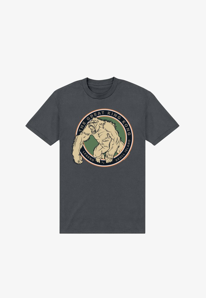 Dark gray t-shirt with a roaring King Kong graphic inside a circular emblem reading "The Great King Kong Legend of Skull Island."