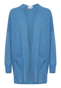 Jasnoniebieski kardigan o luźnym kroju, z otwartym przodem i bocznymi kieszeniami. Wykonany z miękkiego, teksturowanego dzianinowego materiału, z długimi rękawami.