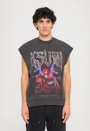 Dark gray sleeveless graphic tee with a round neckline, featuring vibrant printed design of a woman and jaguar with lightning accents.