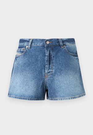 Μπλε τζιν σορτς με ψηλή μέση, εμπρόσθιο κουμπί, φερμουάρ, θηλιές για ζώνη και δύο εμπρόσθιες τσέπες με διακριτικές λεπτομέρειες ξεθωριάσματος.