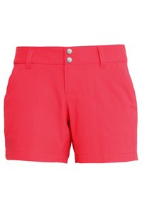 Červené bavlněné šortky s členěným pasem, dvěma stříbrnými cvoky a dvěma bočními kapsami. Hladká textury s přizpůsobeným střihem.
