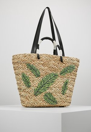 Geweven stro draagtas met zwart-witte gewikkelde handgrepen, versierd met groene geborduurde bladvormen aan de voorkant.