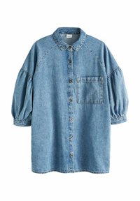 Lyseblå denimskjorte, oversized pasform, knaplukning foran, krave, ballonsleeves, enkelt brystlomme og kontrastsyninger.