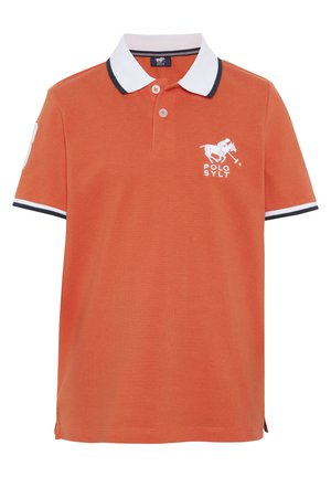 Orangenes Poloshirt mit weißem Kragen und marineblauen Akzenten. Verfügt über ein gesticktes Logo, eine Zwei-Knopf-Leiste und seitliche Schlitze für zusätzlichen Komfort.