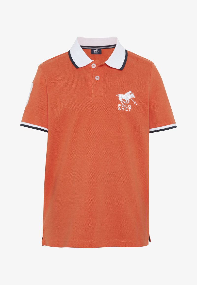 Orangenes Poloshirt mit weißem Kragen und marineblauen Akzenten. Verfügt über ein gesticktes Logo, eine Zwei-Knopf-Leiste und seitliche Schlitze für zusätzlichen Komfort.