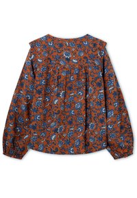Bluzka z długim rękawem w kolorze rdzy, ozdobiona kwiatowym wzorem w odcieniach niebieskiego i białego, z plisami z tyłu i elastycznymi mankietami.