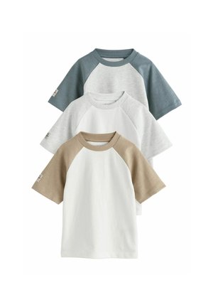 Three short-sleeve raglan t-shirts stacked, featuring beige, white, and blue sleeves with matching neckbands on a white body.