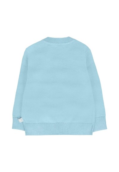 Pull en tricot bleu clair avec un col rond, des poignets et un ourlet côtelés. Présente une petite étiquette sur le bas à gauche. Texture lisse.