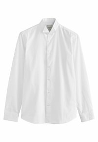 Hvid langærmet skjorte med knapper lavet af glat bomuld. Har en klassisk krave, en frontplacket med knapper og en buet kant.