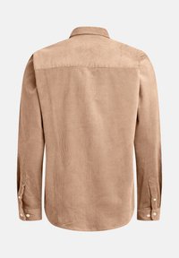 Light brown corduroy shirt, featuring a collared neck, long sleeves with buttoned cuffs, and a textured ribbed pattern.
