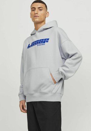 Light gray hooded sweatshirt featuring a front kangaroo pocket, ribbed cuffs, and a bold blue printed logo across the chest.