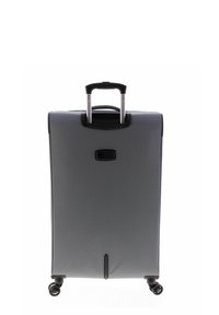 Valigia rigida grigia con manico retrattile, quattro ruote e una texture sottile. Presenta una parte posteriore piatta e un semplice logo nero.