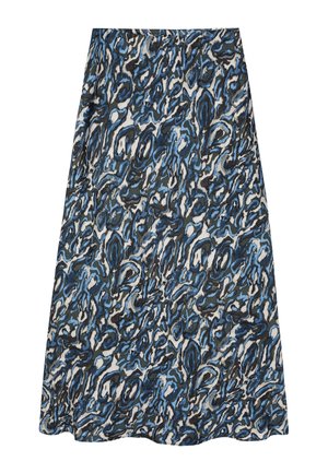 Blau- und graumusterter A-Linien-Rock mit glatter Stofftextur, der ein abstraktes, wellenförmiges Design und einen ausladenden Saum aufweist.