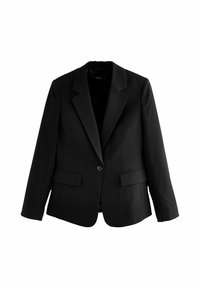 Černý blazer vyrobený z hladké tkaniny, s klopovým límcem, zapínáním na jeden knoflík a dvěma předními kapsami. Jednoduchý, strukturovaný design.