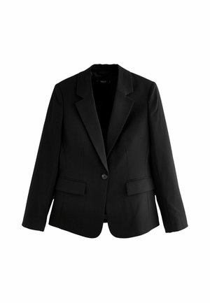 Černý blazer vyrobený z hladké tkaniny, s klopovým límcem, zapínáním na jeden knoflík a dvěma předními kapsami. Jednoduchý, strukturovaný design.