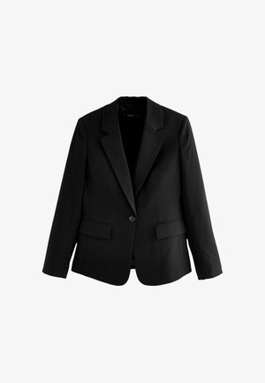 Schwarzer Blazer aus glattem Stoff, mit Reverskragen, Einzelknopfverschluss und zwei vorderen Taschen. Schlichtes, strukturiertes Design.