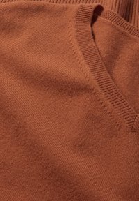 V-Ausschnitt, rostfarbener Pullover aus weichem Strickmaterial mit gerippten Kragendetails und glatter Textur, der einfache Designlinien präsentiert.