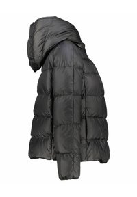 Giacca a vento nera con cappuccio, caratterizzata da un design trapuntato, una texture lucida e una vestibilità ampia, che mette in risalto sezioni cucite in modo prominente.