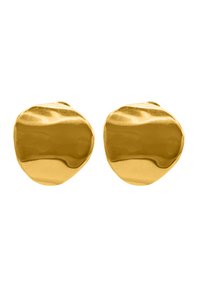 Orecchini in metallo color oro con una forma a ciottolo liscia e arrotondata. La finitura ad alta lucentezza conferisce una superficie riflettente con una sottile texture.