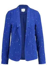 Modrý blazer s texturovanou látkou, s klopami typu notch, otevřeným předním dílem a rozptýlenými černobílými tečkami. Dvoje boční kapsy.