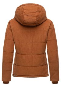 Veste en velours côtelé marron avec capuche, dotée de sections matelassées, d'une texture côtelée et de poignets élastiques. La vue arrière montre des détails de couture.
