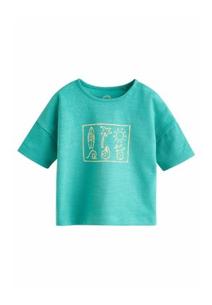Turquoise t-shirt met korte mouwen van zacht katoen, voorzien van een gele omranding graphic van een blad, palmboom, zon en ananas. Drukknoopjes op de schouder.