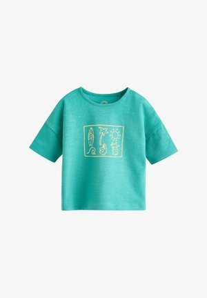 Turkio spalvos trumpomis rankovėmis marškinėliai iš minkštos medvilnės, su geltonu kontūru piešiniu, vaizduojančiu lapą, palmę, saulę ir ananasą. Užsegimo mygtukai ant peties.