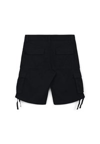 Pantaloni cargo neri realizzati in tessuto resistente, con due tasche posteriori e tasche laterali, dotati di cordini regolabili all'orlo.