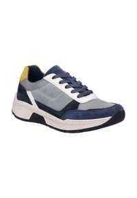 Navy and grey athletic shoe with suede, mesh, and rubber materials; features white accents, textured surface, and a yellow heel tab.
