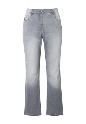 Jasnoszare dżinsy z denimu z delikatnym wyblaknięciem, zapinane z przodu na guzik i zamek błyskawiczny, z szlufkami na pasek i prostymi nogawkami.