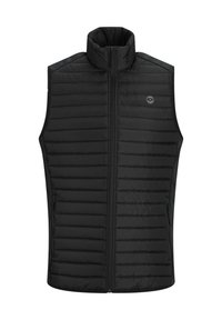 Czarna pikowana kamizelka z wysokim kołnierzem, pionowym wzorem pikowania, pełnym zamkiem błyskawicznym z przodu i bocznymi kieszeniami. Wykonana z gładkiego, lekkiego materiału.