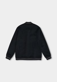 Black long-sleeve bomber jacket shown from the back, featuring ribbed cuffs, collar, and hem with grey stripe accents.