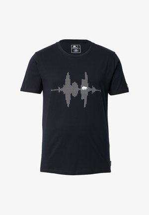 Schwarzes Baumwoll-T-Shirt mit kurzen Ärmeln, mit einem weißen Schallwellen-Grafikdruck auf der Brust. Normale Passform, runder Halsausschnitt.