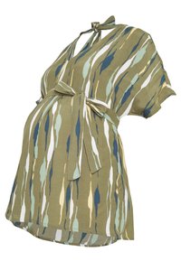 Maternity top in olive green with abstract, vertical stripes in white, light blue, and dark blue. Features a waist tie and short sleeves.